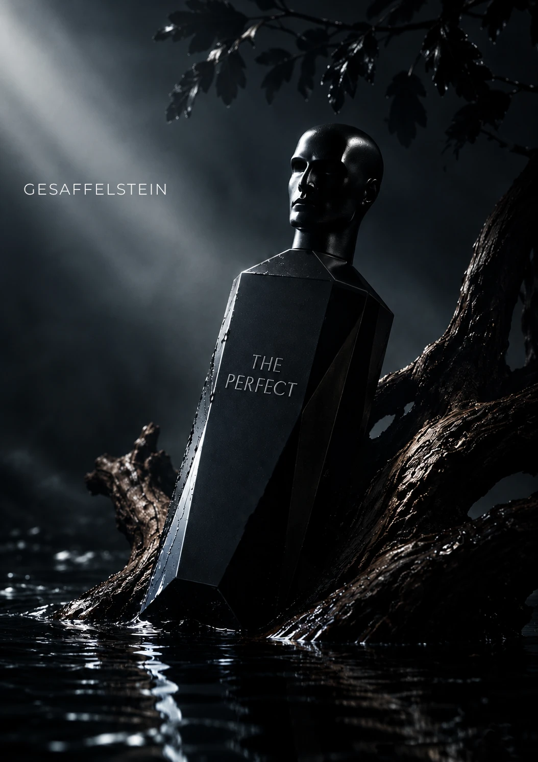 Gesaffelstein — affiche The Perfect, flacon sculptural dans un décor de branches